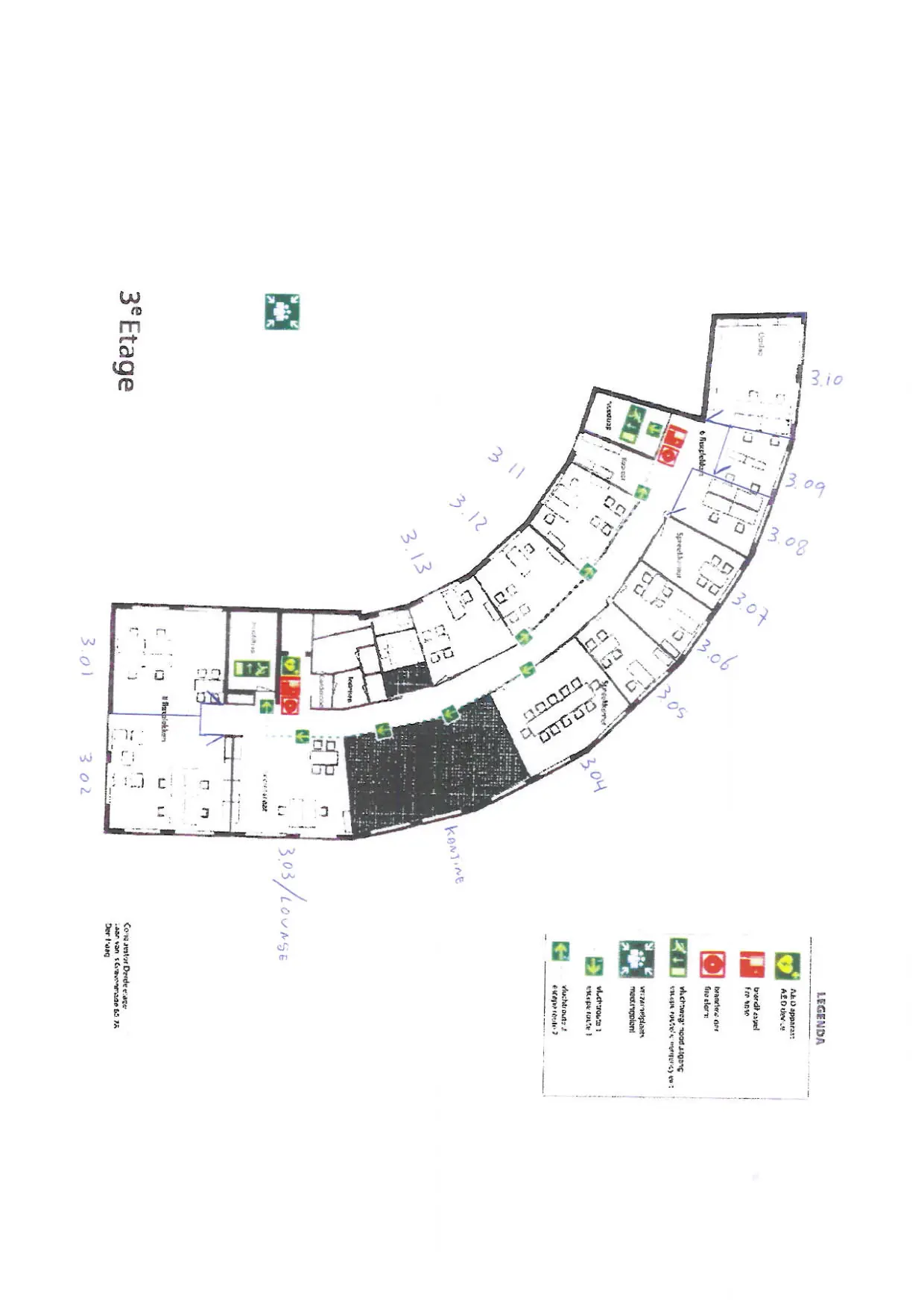 Plattegrond van de derde etage van het gebouw aan de Laan van S-Gravenmade met kamerindeling, vluchtroutes en veiligheidsvoorzieningen.